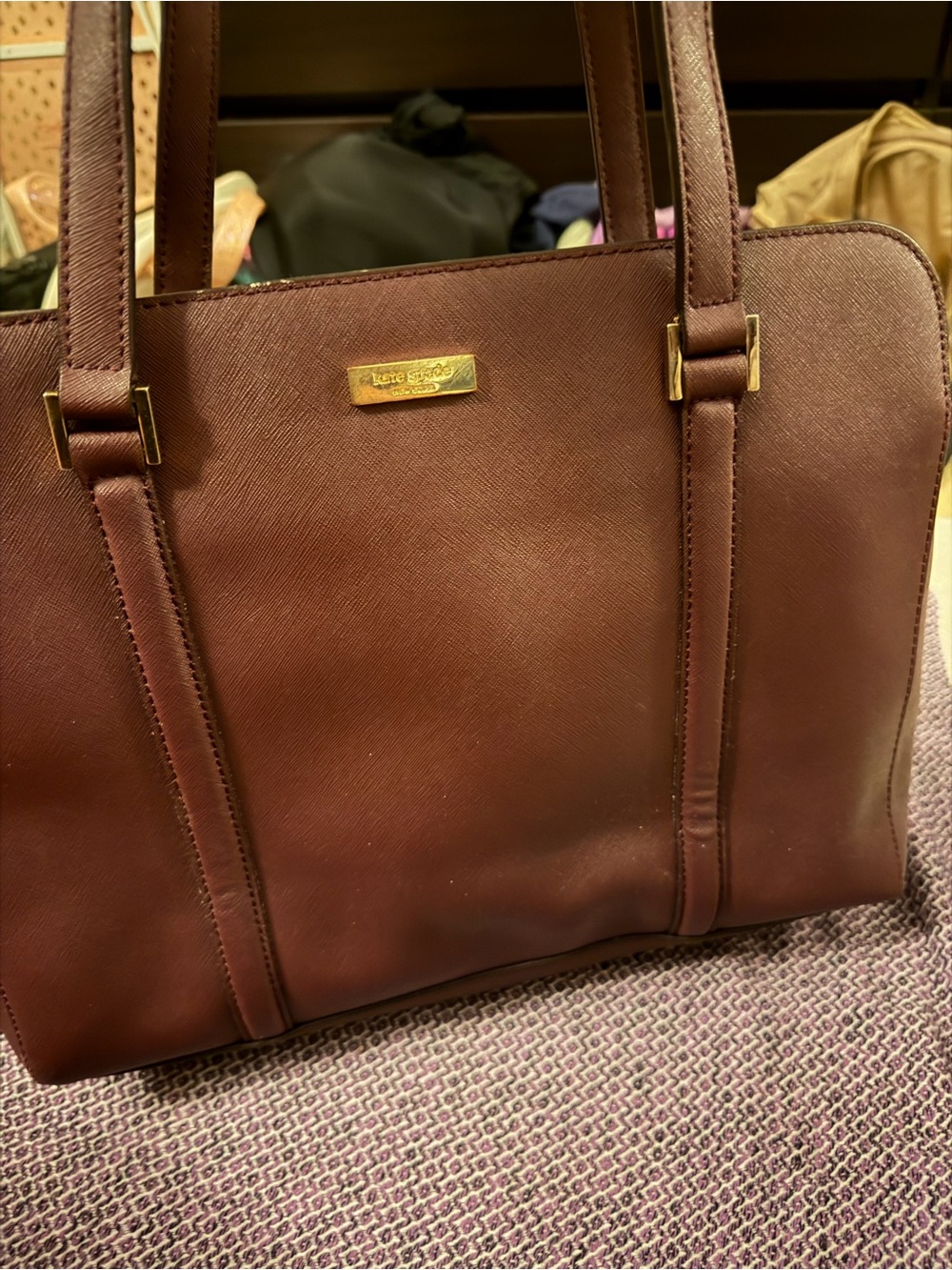 kate spade Wine Leather Saffiano Tote with Gold Hardware